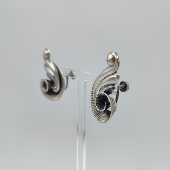 Vintage Danecraft Sterling Silver 925 Art Deco Floral Motif Screw Back Earrings - Picture 7 of 14